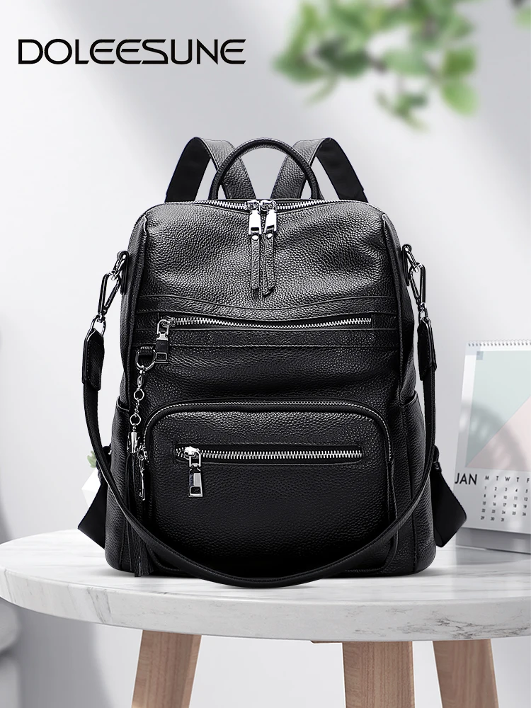 DOLEESUNE Genuine Leather Backpack for Women Large Capacity Shoulder Bag for Ladies Female Rucksack with Tassel Multiple Pockets