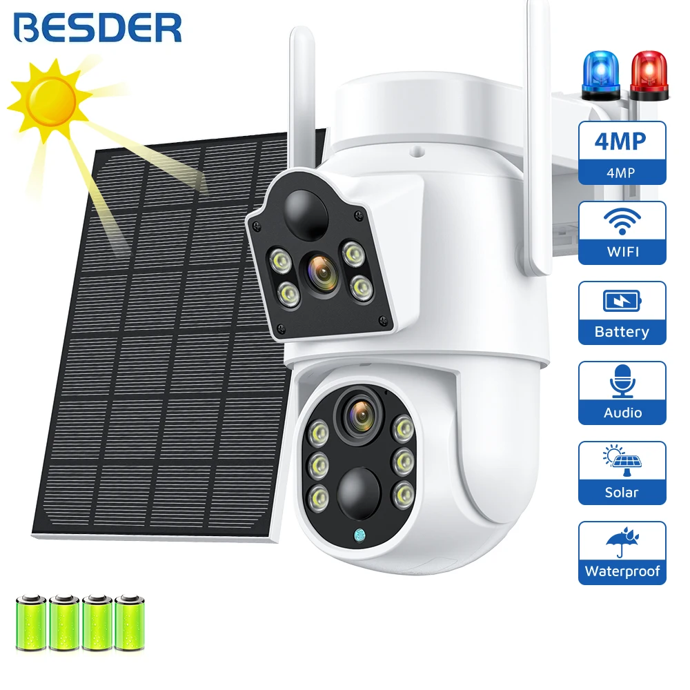 4MP Solar Camera Wifi PTZ Outdoor Dual Screen Night Vision 1080P IP Camera 7800mAh Battery Recharge with Solar Panel iCSee App