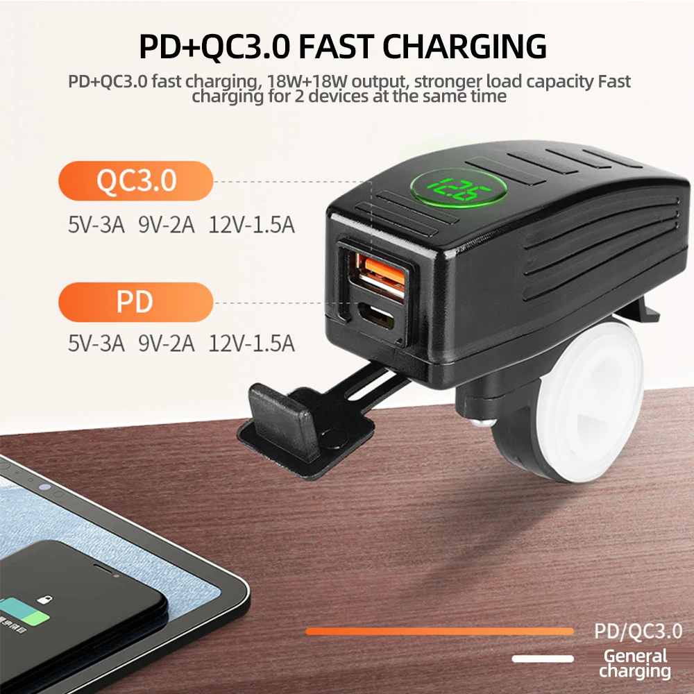 Motorcycle USB Charger With Voltmeter PD QC3.0 Handlebar Fast Charging 12/24V Waterproof Socket Adapter Motorcycle Accessories