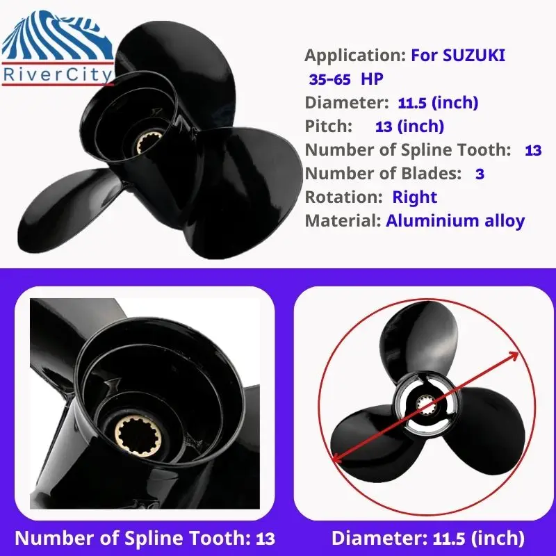 RiverCity Boat Propeller 11 1/2*13 For SUZUKI 35hp 40hp 55hp 50hp 60hp 65hp Aluminum 3 Blade 13 Tooth Outboard Engine Part