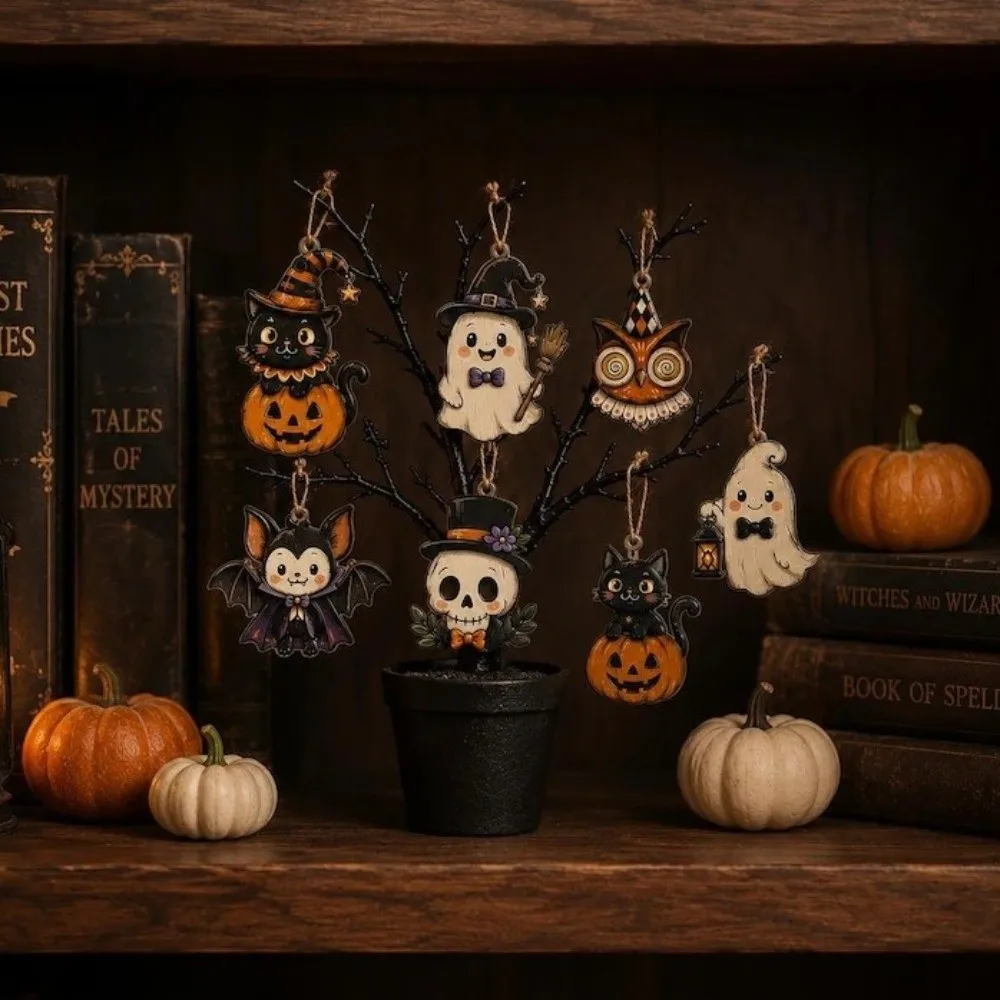 Gothic Style Halloween Hanging Ornament Cartoon Pattern Vintage Ghost Black Cat Pendant Ghost Pattern Black Cat