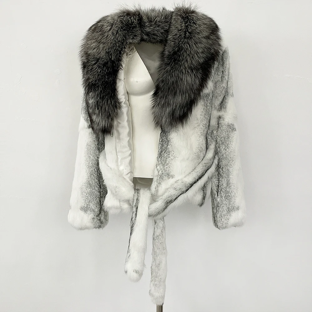MENINA moda gruesa cálida abrigo de piel de conejo auténtico señora nuevo Otoño Invierno Top ropa mujer manga larga cuello de piel de zorro chaqueta mullida