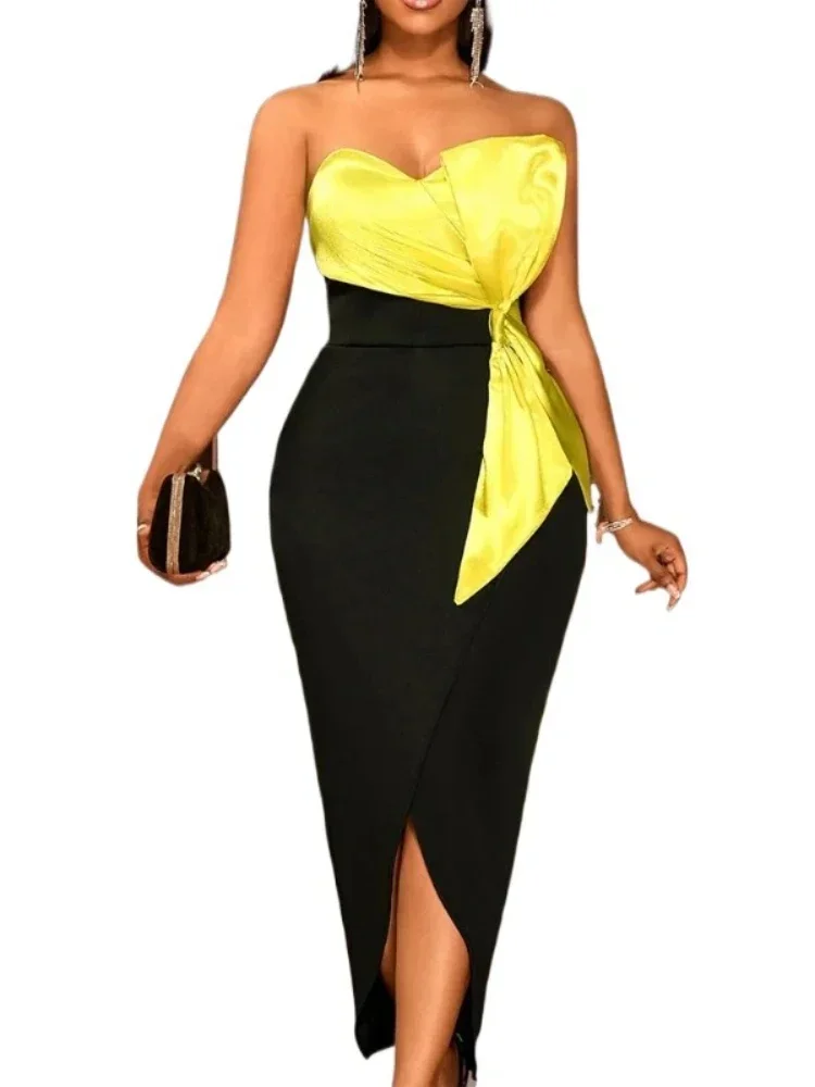 Sexy, figurbetonte Kleider für Damen, schulterfrei, große Schleife, verziert, Patchwork, vorne geteilt, Luxus-Geburtstagsparty, Club-Kleid, Kleidung