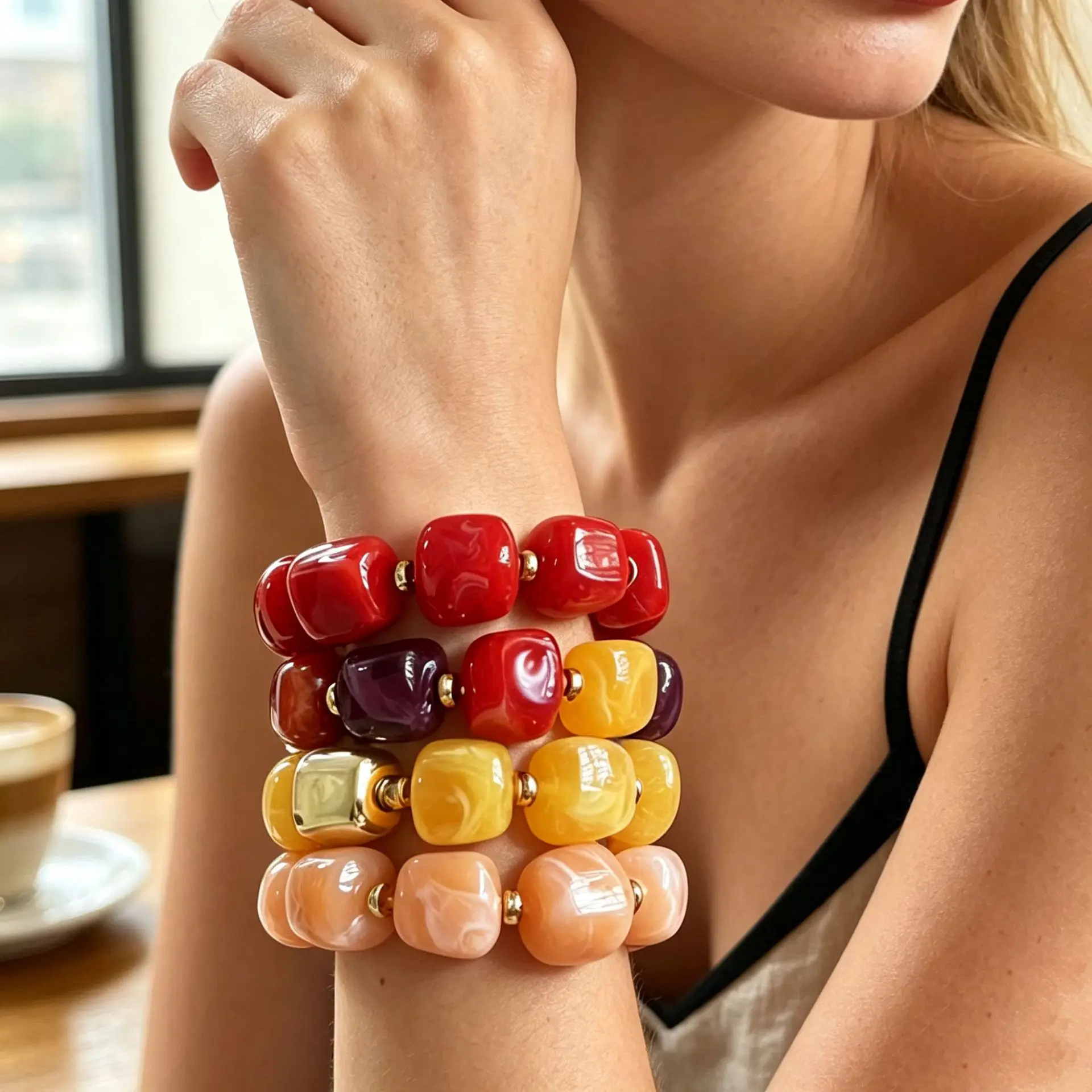 Retro smudged square beads contrasting colors, advanced texture beaded bracelet, loose and lazy, fashionable seaside vacation wo