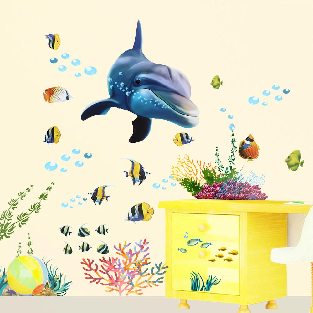 Waterproof Bathroom Kitchen Wall Sticker Living Room Decorations Ocean Deep Water Sea Stickers Kids Room Dolphin Fish Decorative