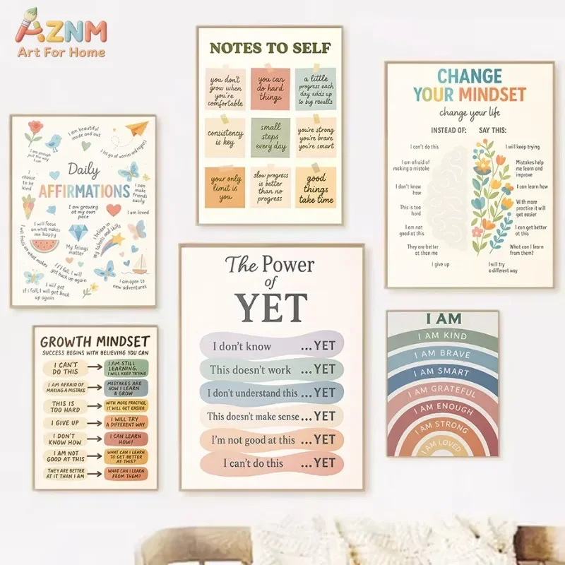 AZNM Growth Mindset Canvas Wall Art Positive Affirmation Poster Kids Classroom Mental Health Decor Unframed Canvas Painting