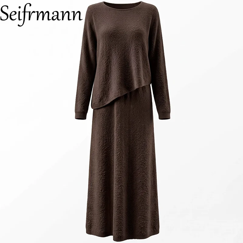 Seifrmann Solid Color Knitted Two-piece Set Round Neck Long Sleeve Top Waist Skirt Set 2026 Autumn Fashion Women's New Style