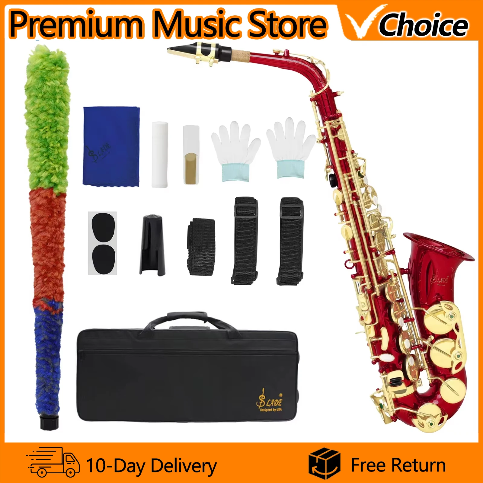 SLADE Red Alto Saxophone Brass Body Carved Shell Button Sax Beginning Student Alto Saxophone Woodwind Instrument With Black Case
