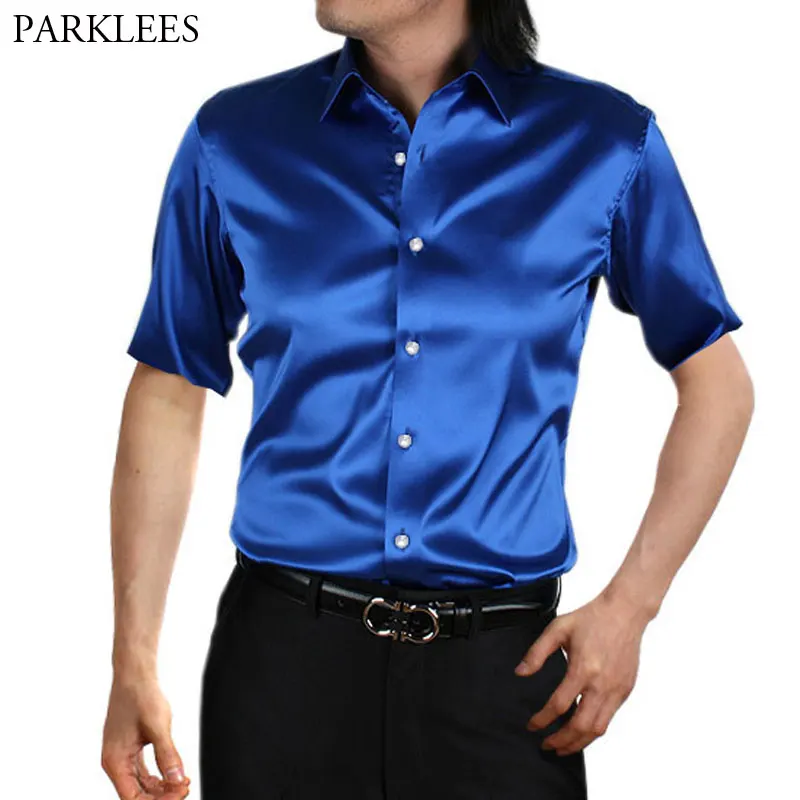 Stylish Gold Silk Satin Shirt Men Chemise Homme 2019 Casual Short Sleeve Slim Fit Mens Dress Shirts Business Camisa Masculina