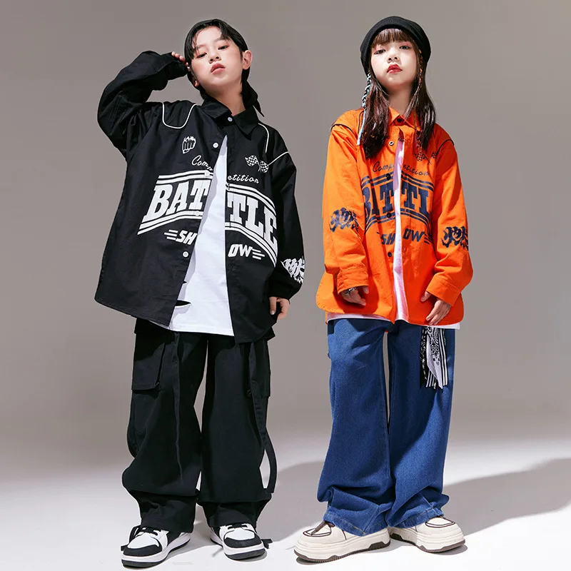 

Girls Streetwear Hip Hop Loose Casual Long Sleeve Shirts Cargo Pants Sets Children Tracksuits Stage Clothes Costume for Kid Boy