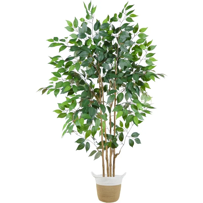 

Artificial Ficus Tree,Tall Silk Fake Ficus Leaves Plant with Basket, Indoor Outdoor Faux Greenery Tree