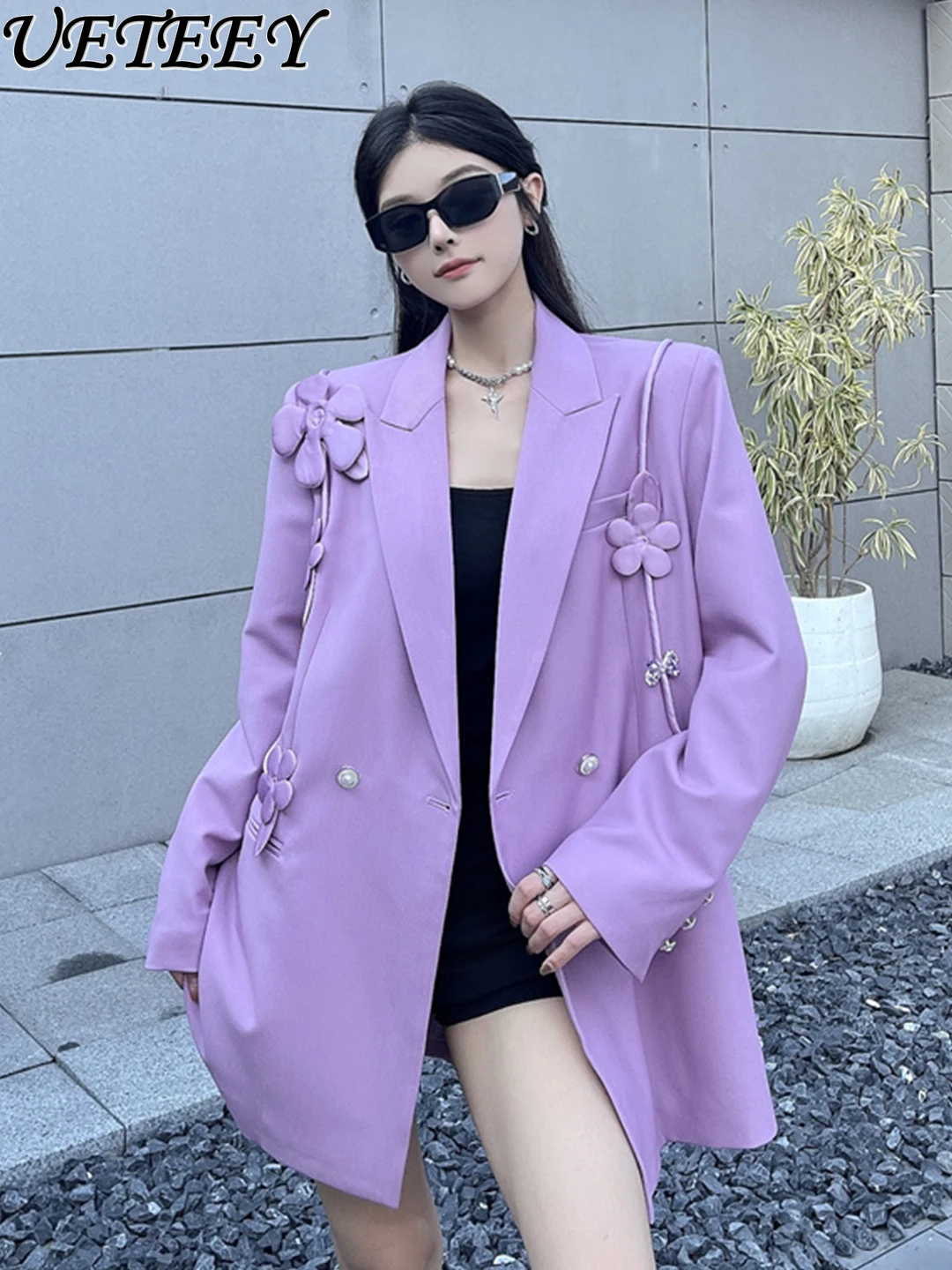 

Purple Blazer Coat for Women Elegant Socialite High-end Feel Three-dimensional Flower Design Loose-fitting Suit Jacket