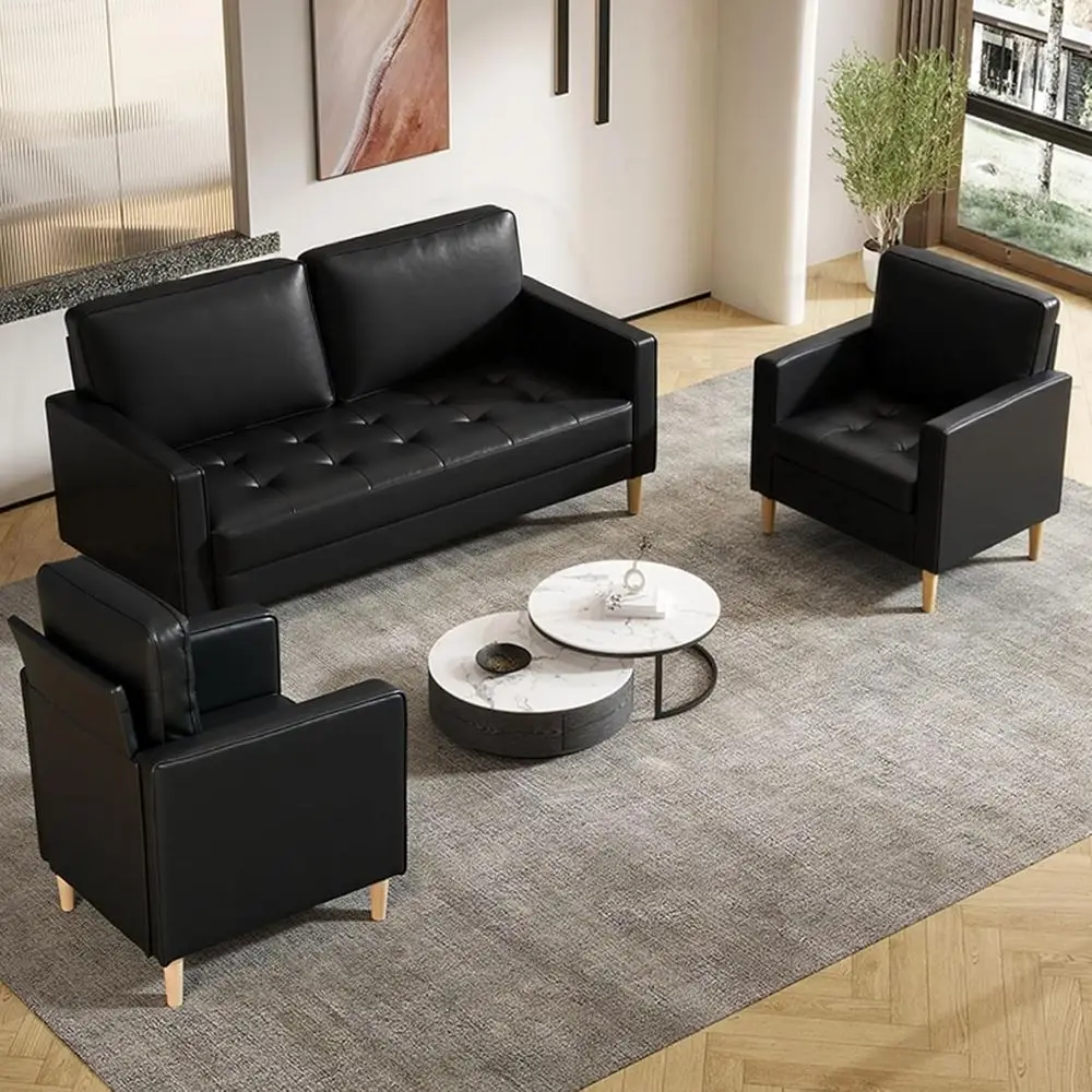 

3-Piece Century Sectional Sofa Set with Faux Leather, Black, for Living Room (1+1+2 Seater)