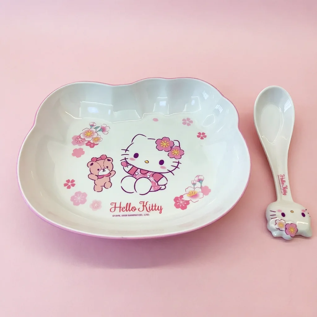 WUHE Hello Kitty Kids Melamine Tableware Set Head-Shaped Plate Spoon Cartoon BPA-Free Unbreakable Dinnerware Dishwasher Safe ﻿ ﻿