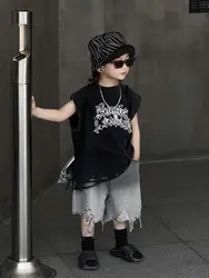 Summer Fashion Baby Short Sleeve Boys Letter Top Tshirt+Jean Shorts 2pcs Children Set Casual Sportswear Streetwear Handsome