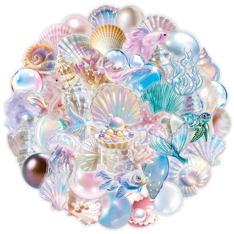 50pcs Shiny Seashell Creative Graffiti PET DIY Decor Stickers for Water Bottle, Notebook, Speaker and Skateboard