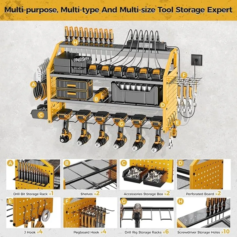 Garage 6 Drill Storage Shelf, 8 Hooks,2 Screw Boxes,6 Outlets Power Strip, Easy Install Power Tool Storage Rack.