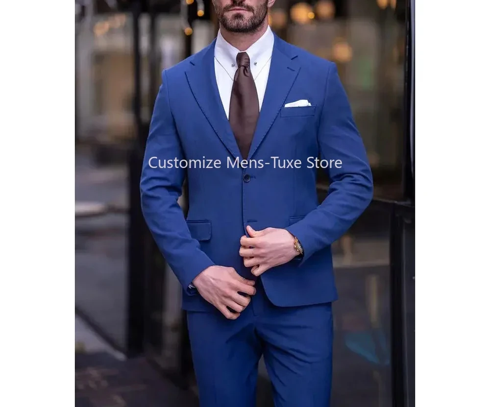 

Blue Single Breasted Luxury Men Suits Notch Lapel Flat Blazer Custom Made Slim Fit 2 Piece Jacket Pants Set Prom Party Outfits