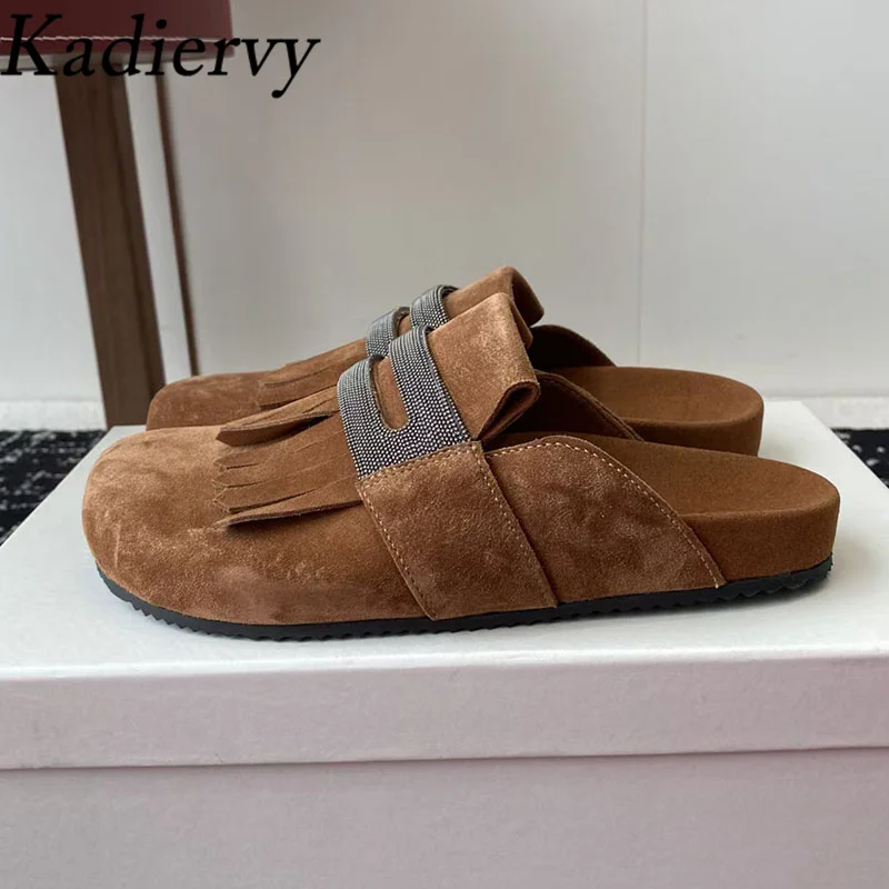 

High Quality Cow Suede Slippers Women Round Toe Thick Sole Mules Shoes Woman Flat Slides String Bead Fringe Slippers Woman
