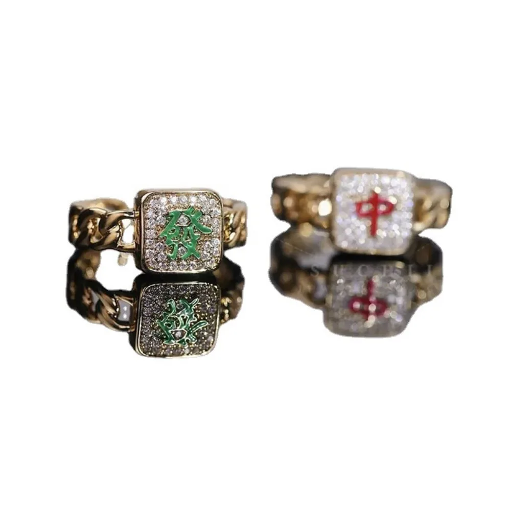 New Chinese Fashion Mahjong Rings for Women Men Player Inlay Full Zircon Sparkling  Luxury Jewelry Creative Lucky Fortune Gifts