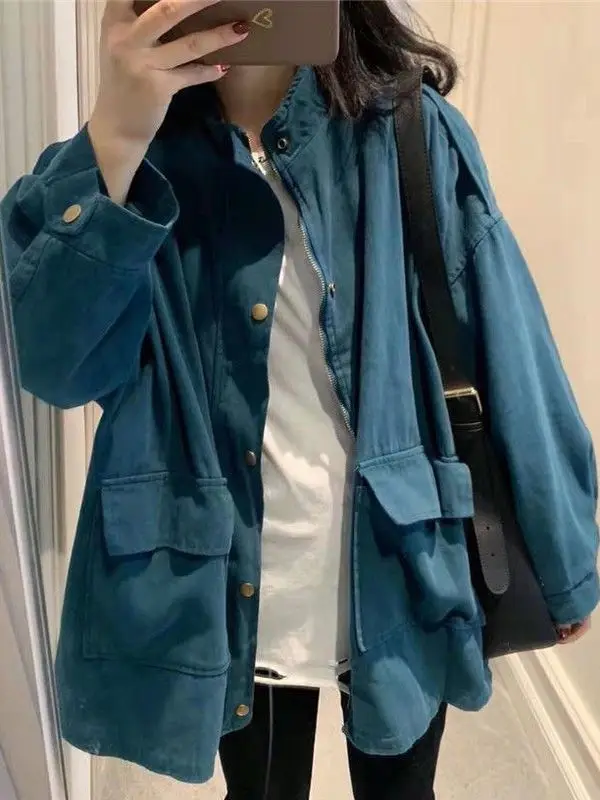 plus Size Women's Vintage Workwear Jacket with Large Pockets Loose Casual Stand Collar for Heavy Girls Autumn Winter Outerwear