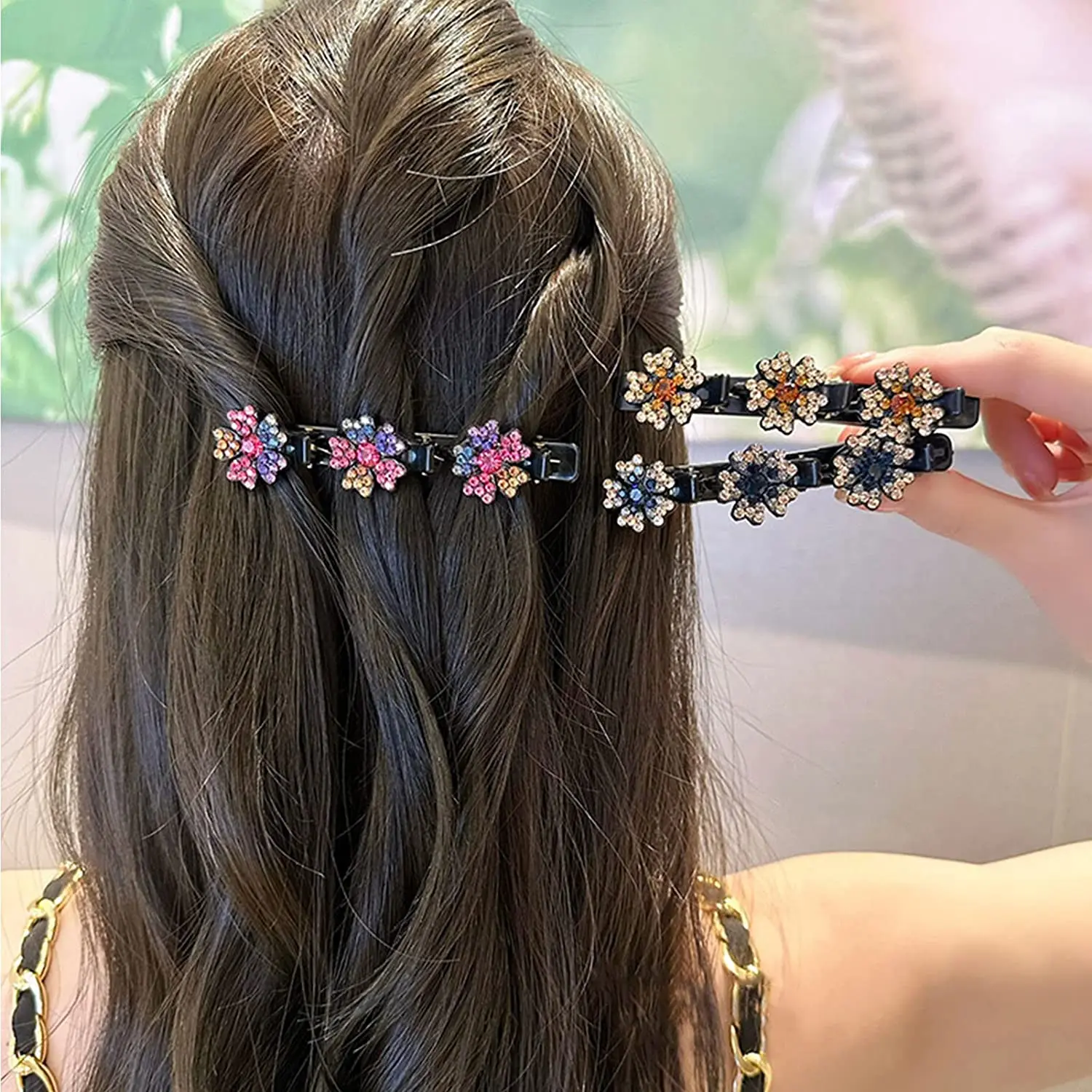 Sparkly Crystal Stone Flower Braided Hair Clips with 3 in 1 Clips Set Barrettes for Women Girls Ins Fashion Hair Styling Jewery