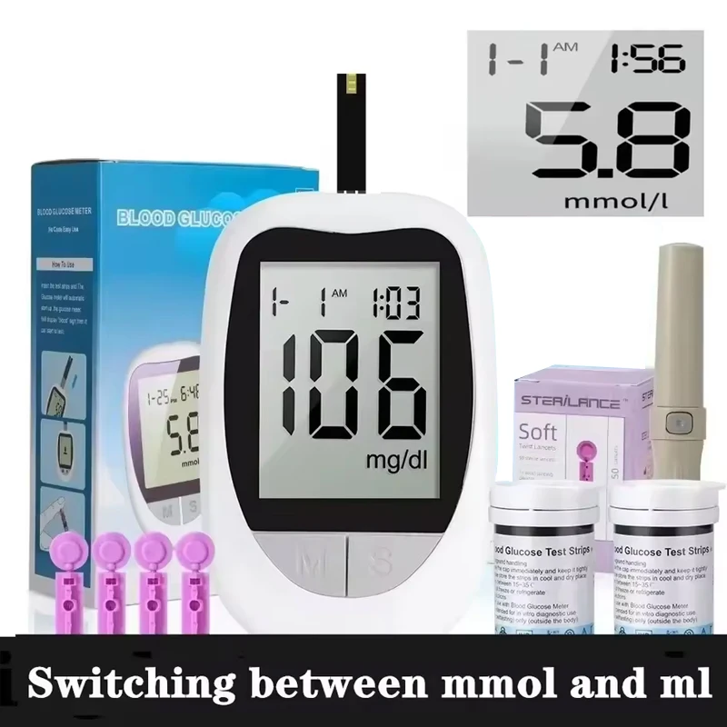 Medidor de glucosa en sangre, Kit de glucómetro de tiras, prueba de Diabetes sin código con lancetas, azúcar en sangre médica Mg/mmol, 50/100 Uds.