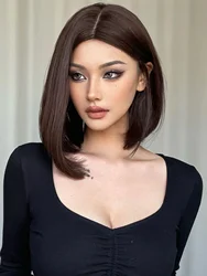 Brown Medium Part Short Straight Synthetic Wig Dark Brown Bob Wigs for Women Daily Party Wear Synthetic Heat Resistant Wigs