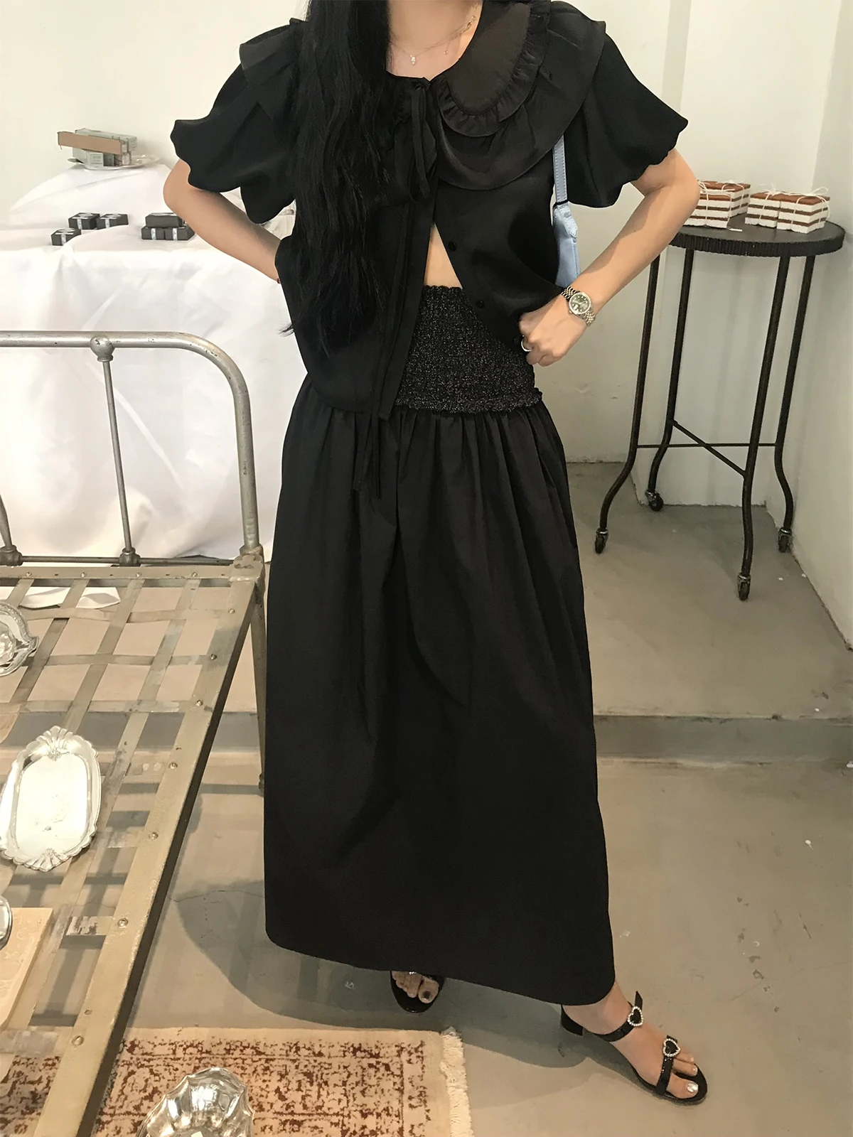 

Винтажная женская рубашка с эффектом сатина, воротником-лотосом, рукавами-фонариками, прямого кроя, из полиэстера, для женщин 25-29 лет, лето 2024