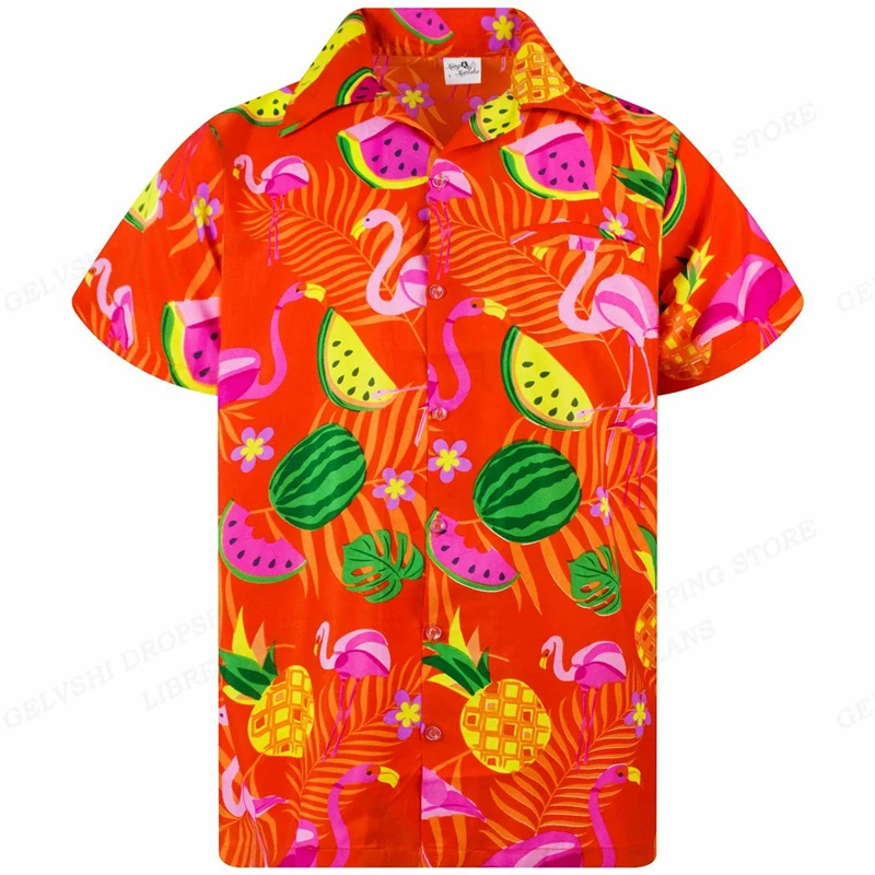 Flamingo 3D Print Beach Shirts Men's Fashionable Shirt Summer Button Lapel Tops Street Casual Harajuku Holiday Hawaiian Blouse