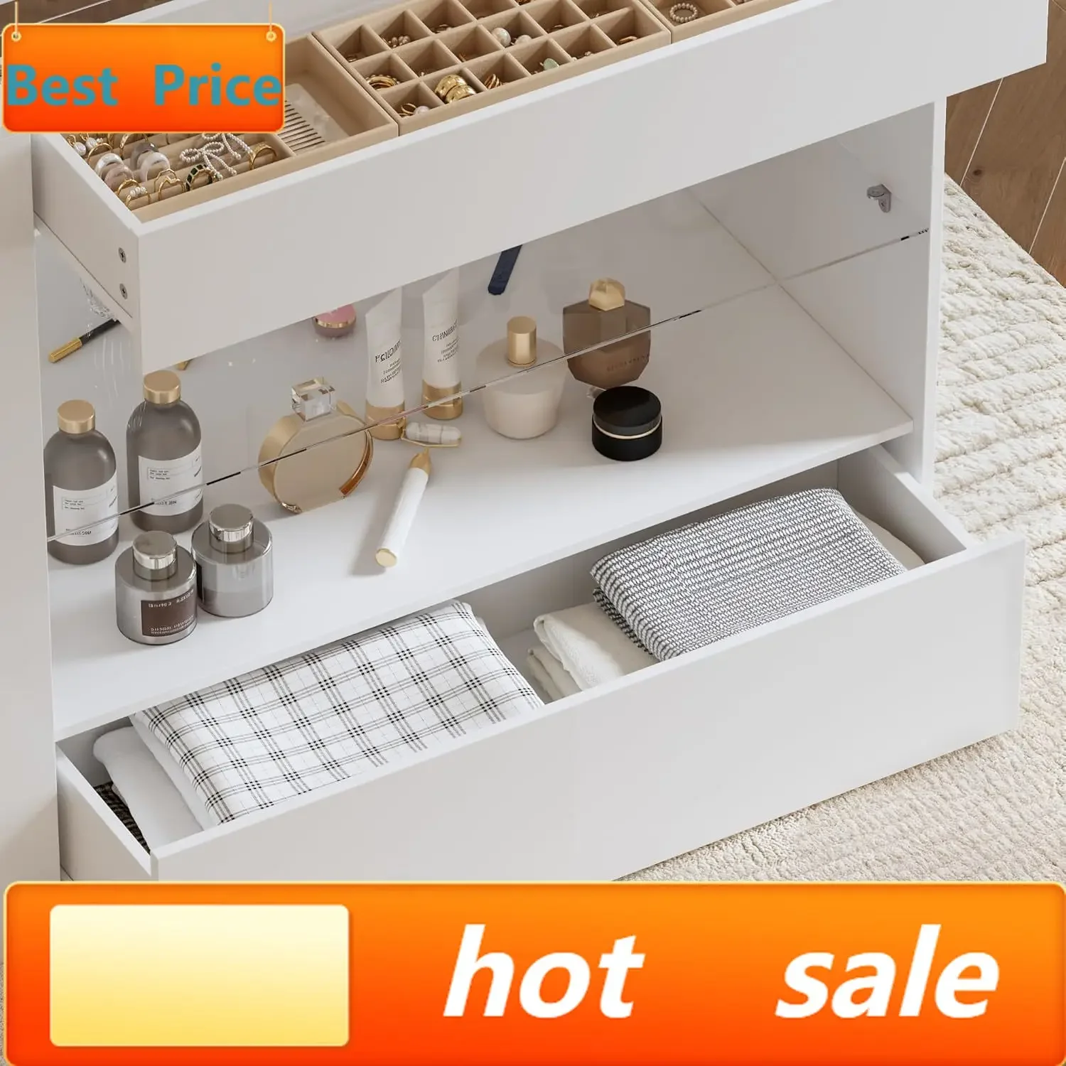 Closet Island with Glass Top & 8 Drawers for Walk in Closet, Jewelry Display Cabinet Island with Glass Shelf, for Store Dressing