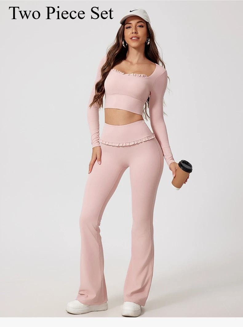 

2 Piece Set Yoga set clothes, quick drying fitness, sleeved top, square neckline, outerwear with chest cushion, Yoga pants
