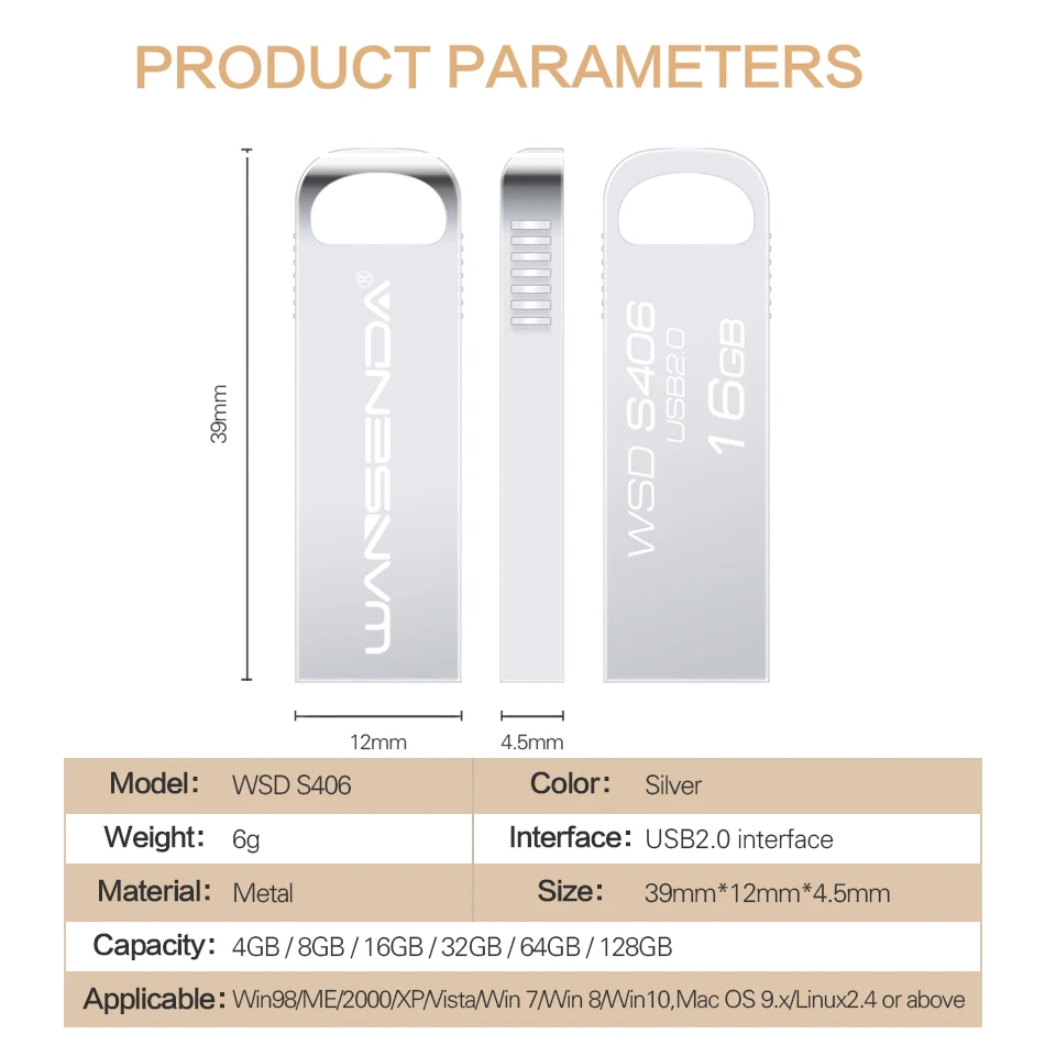 WANSENDA-unidad Flash USB de Metal, Pendrive creativo de 32GB, 128GB, 64GB, 16GB, 8GB, 4GB, USB 2,0