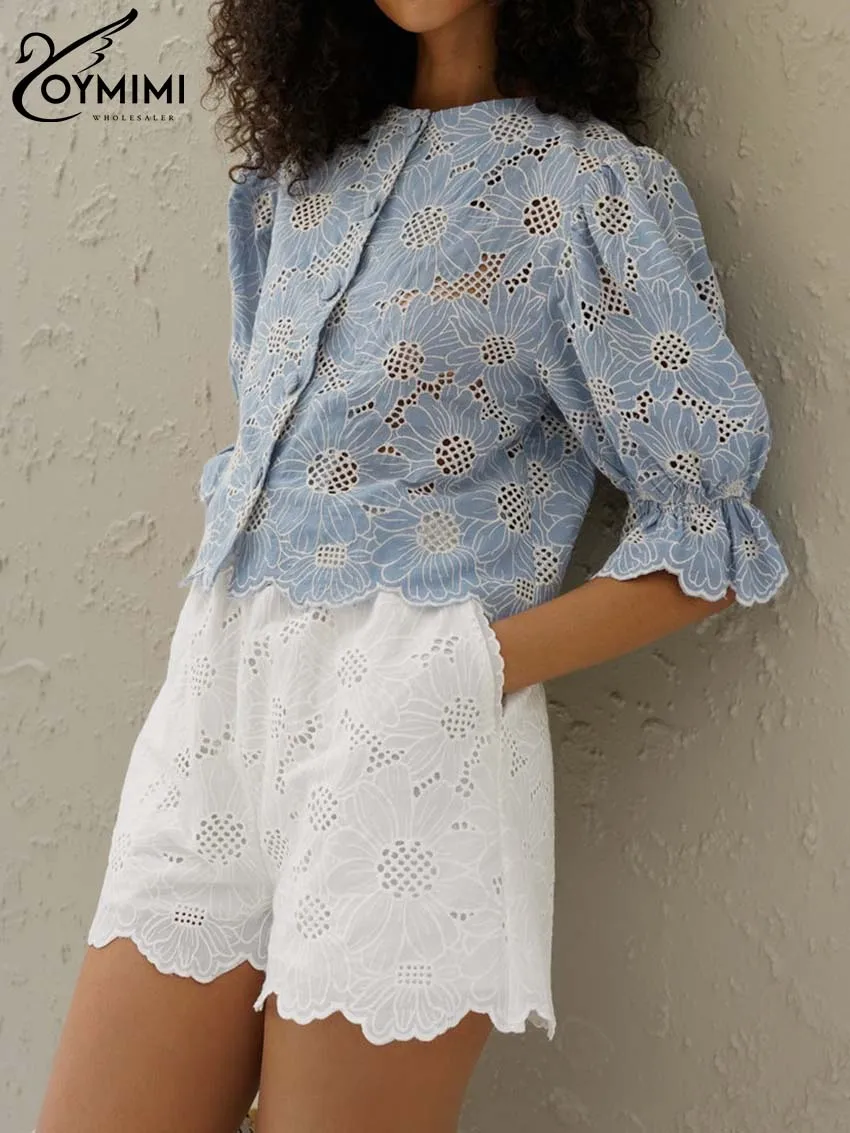 Oymimi-camisa con estampado azul para mujer, camisa elegante de media manga con cuello redondo, de algodón con botonadura única, para verano y otoño