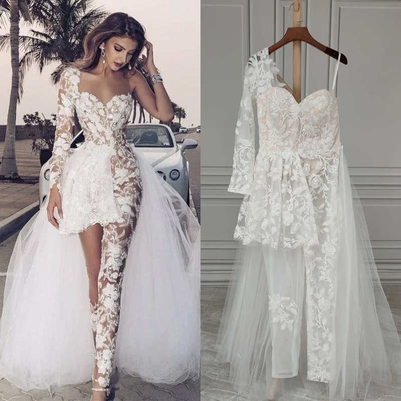 15389# Customized Boho Wedding Jumpsuit One Shoulder Appliques Lace Detachable Customized Wedding Dress Sexy Bridal Gown