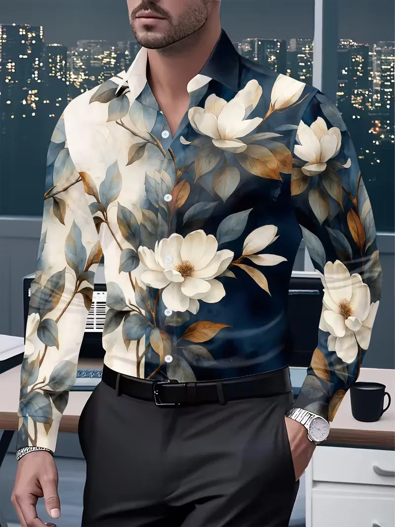 New luxury men's 3D flower star printed button up shirt slim fit long sleeved collar shirt men's lapel shirt top