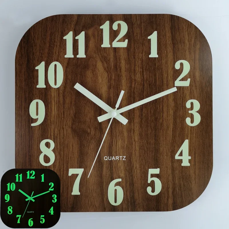 30CM Square Luminous Wooden Wall Clock Silent Clock MDF Wood Grain Luminous Creative Fluorescent Wall Clocks horloge murale