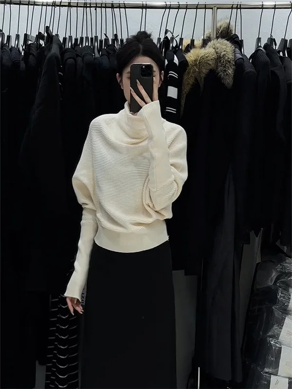 

Women's Long Sleeve Knitted Sweater Batwing Sleeve High Collar Thick Warm Fleece Soft Base Layer Shirt Spring Autumn Season