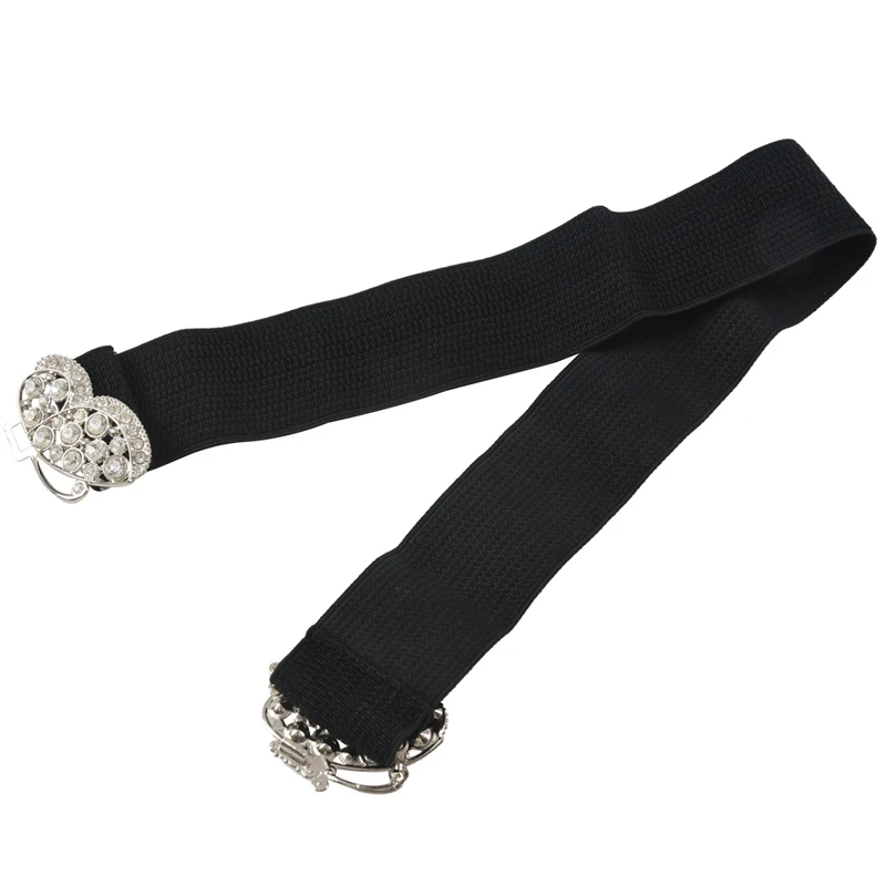 2 Pcs Women Rhinestones Accent Butterfly Hook Buckle Black Elastic Cinch Waist Belt - 56X7cm & 58X5cm image 4