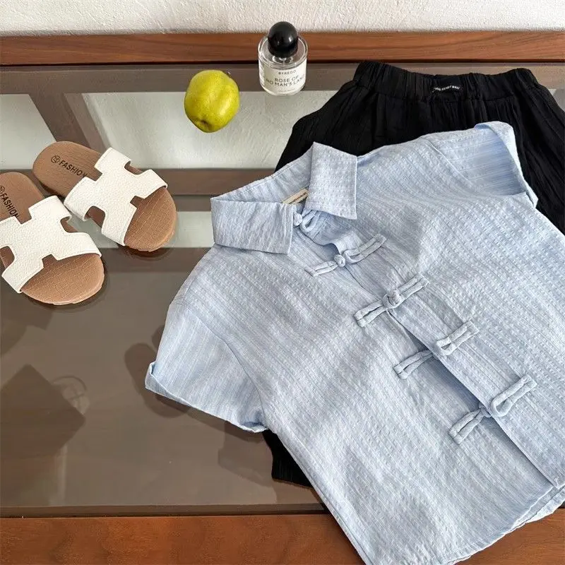 

Chinese Style 2024 Summer New Boys Square Collar Solid Color Button Stylish Loose All-match Ventilate Short Sleeve Shirt Blouse