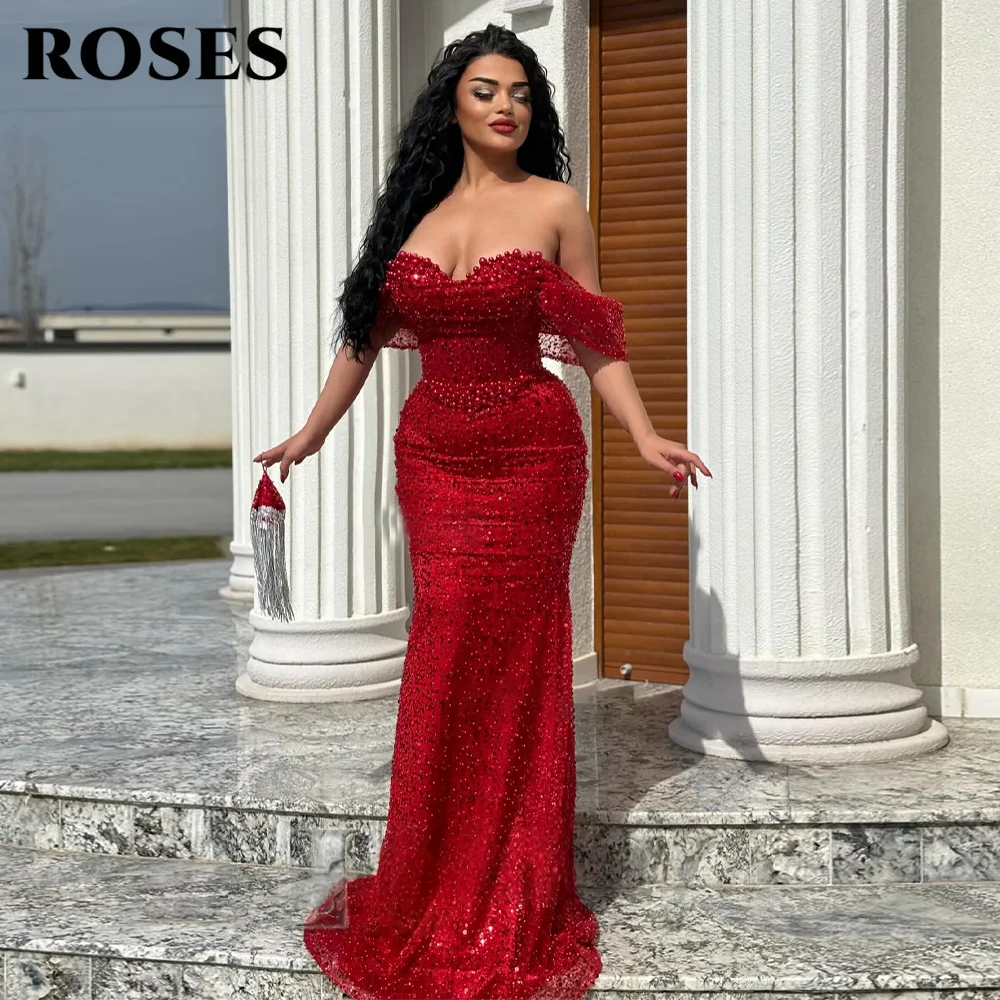 فستان سهرة أنيق باللون الوردي من ROSES بدون أكتاف مع لؤلؤ ومطرز بالترتر فستان حفلات حورية البحر للمرأة حسب الطلب #6