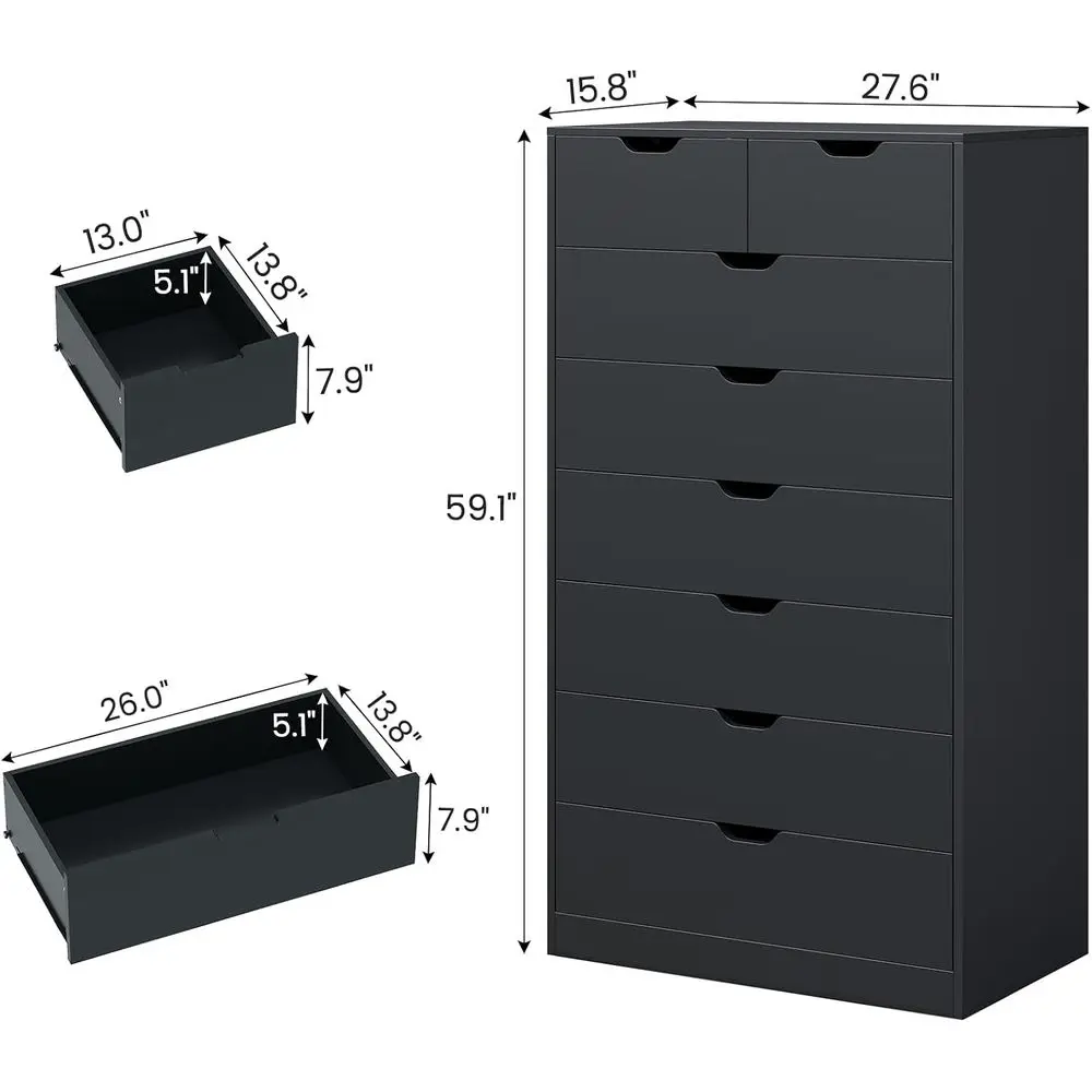 DAFIFY Cômoda moderna preta com 8 gavetas, cômoda de quarto com gavetas, armazenamento para sala de estar e entrada