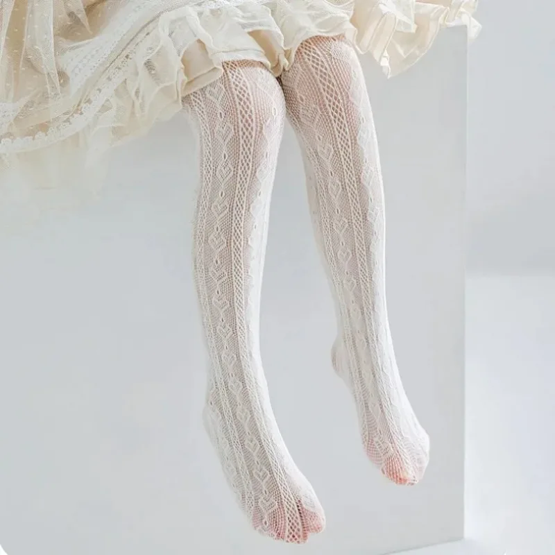 New Summer Girls Tights Pure Cotton Breathable Mesh Beige White Black Children Princess Pantyhose Lolita Leggings For 2-12Y image 5