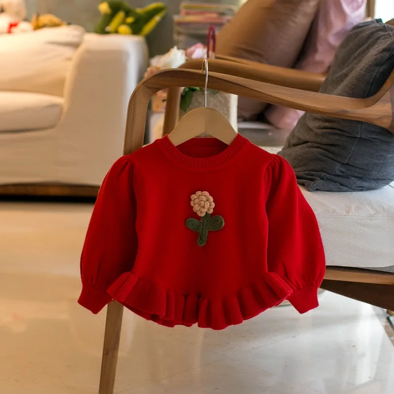 Autumn Baby Girl Sweater Long Sleeve Pullover Infant Hand Flower Appliques ​Sweater Knitted Tops Baby Jumper Clothes Knitwear