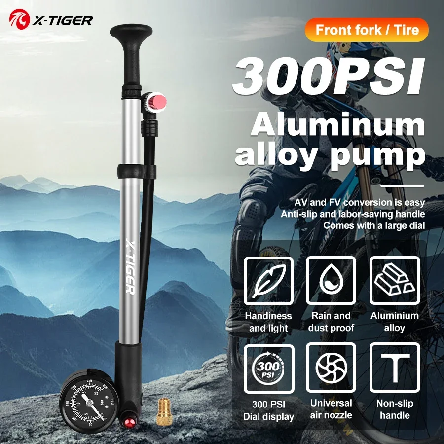

X-TIGER Portable High Pressure Bicycle Pump 300psi with Pressure Gauge Front Fork Road Bike Pump Lightweight Bicycle Accessories