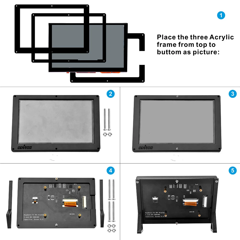 OSOYOO 5 Inch DSI Touch Screen Monitor 800x480 LCD Display with Portable Mount Stand Holder Case for Raspberry Pi 5 4 3B + 2