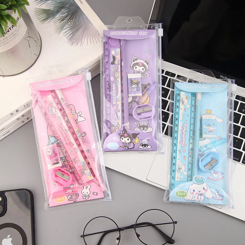 

Cartoon 5 in 1 Sanrio Stationery Set Anime Kuromi My Melody Cinnamoroll with Ruler Pencil Eraser Students School Supplies Gifts