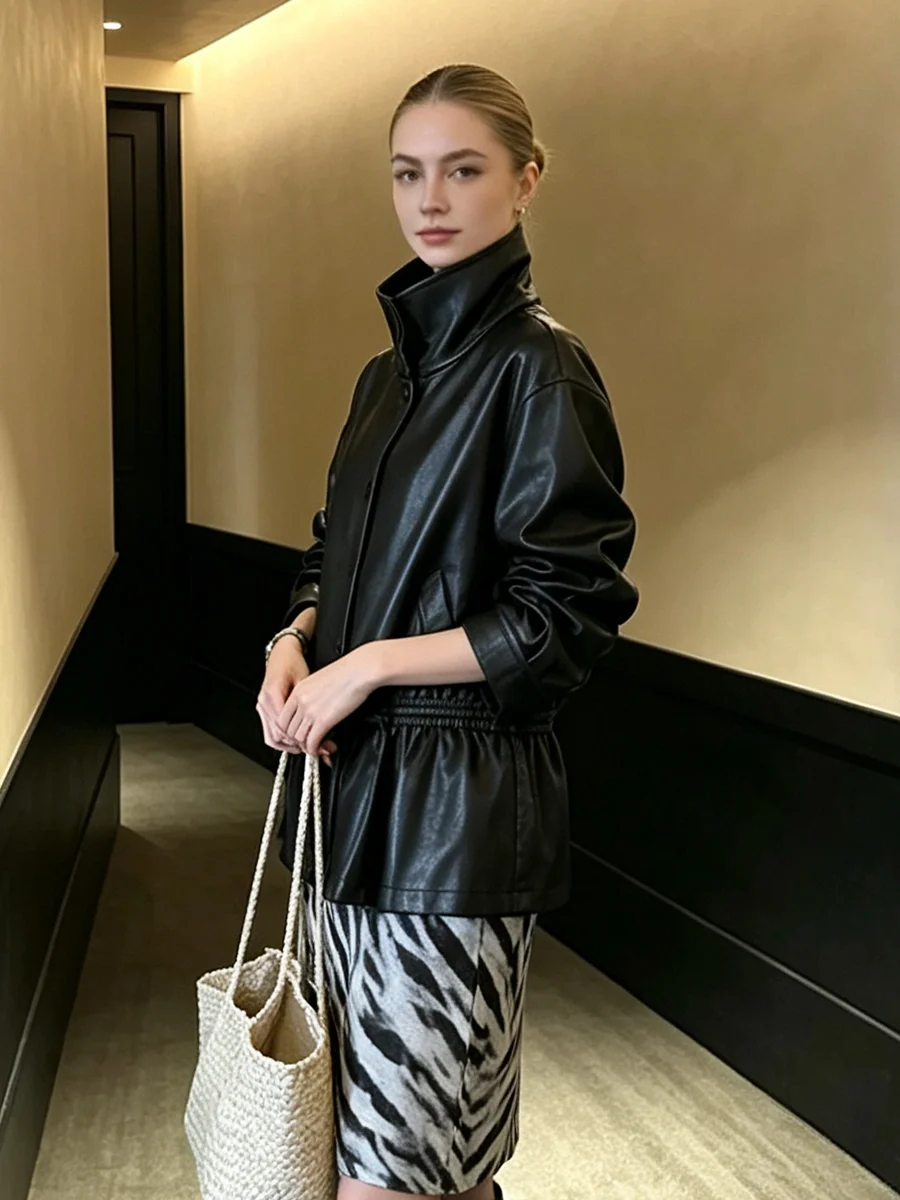 PIUAL Women Faux Leather Stand Collar Jacket Button Front Drawstring Waist Cuff Strap Loose Solid Casual Short Outerwear Coat