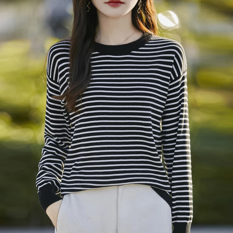 

Новый женский винтажный свитер-топ с круглым вырезом, 100% хлопок, в полоску, с длинными рукавами, коллекция Весна-Осень 2026