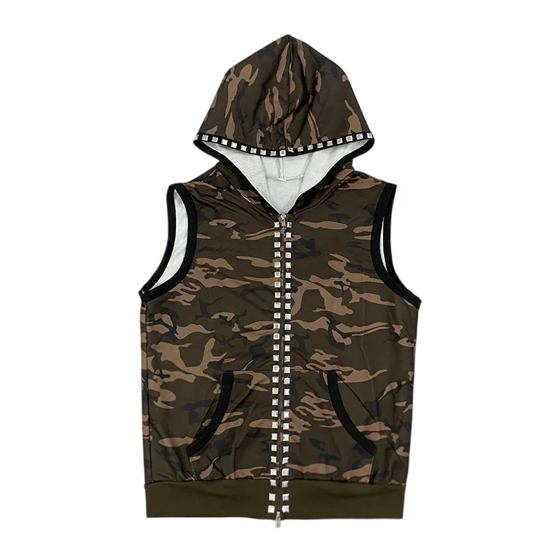 Autumn New Camouflage Sleeveless Hooded Vest Men's Silver Willow Nail Decoration Zipper Sleeveless Jacket Gothic Street Wear